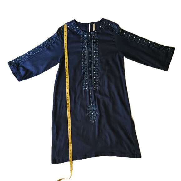ETHNIC Blue Embroidered 3/4 Sleeve Tunic Short Dress Size Small - Picture 3 of 8